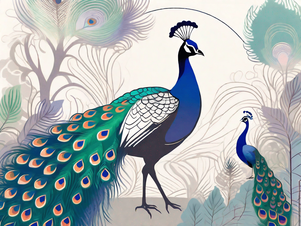 A whimsical scene with a peacock displaying its vibrant feathers to a peahen in a romantic