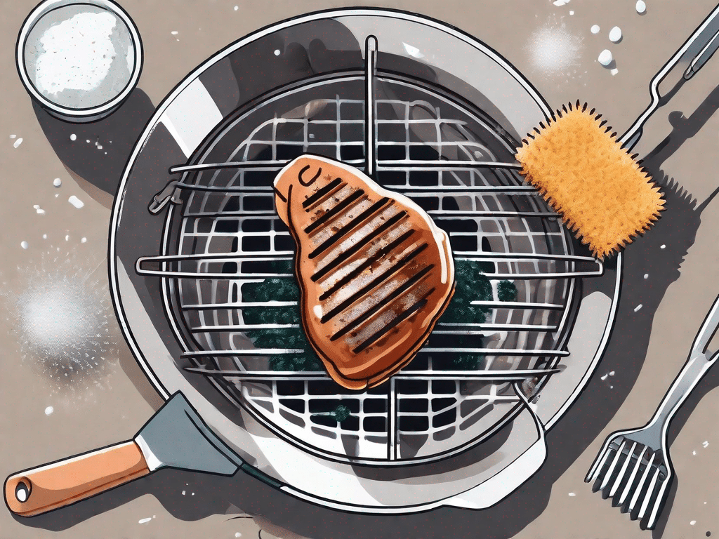 A grill filled with food residue next to a sparkling clean grill