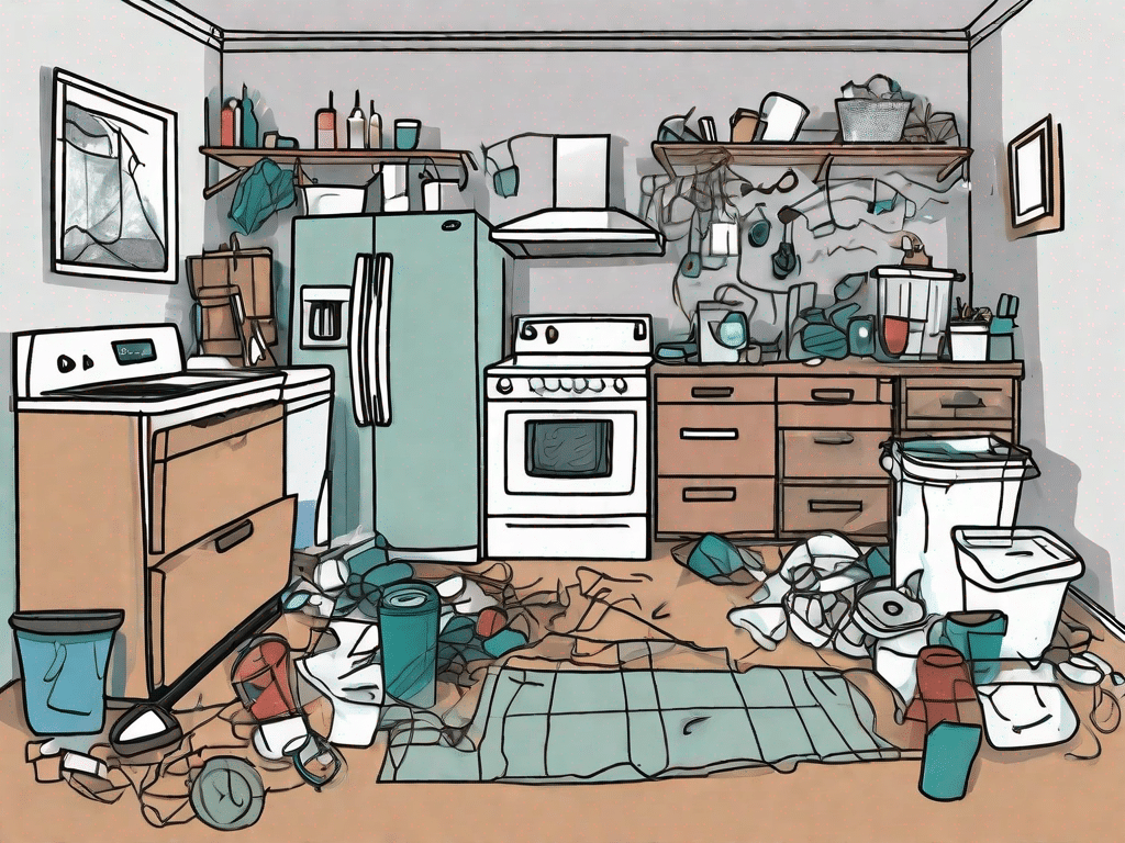 A chaotic home interior with various household mistakes such as a leaking faucet
