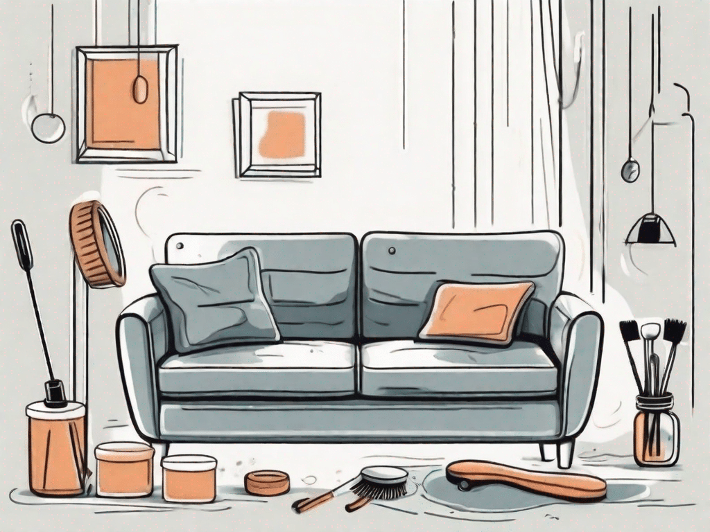A fabric sofa with various cleaning tools and products nearby