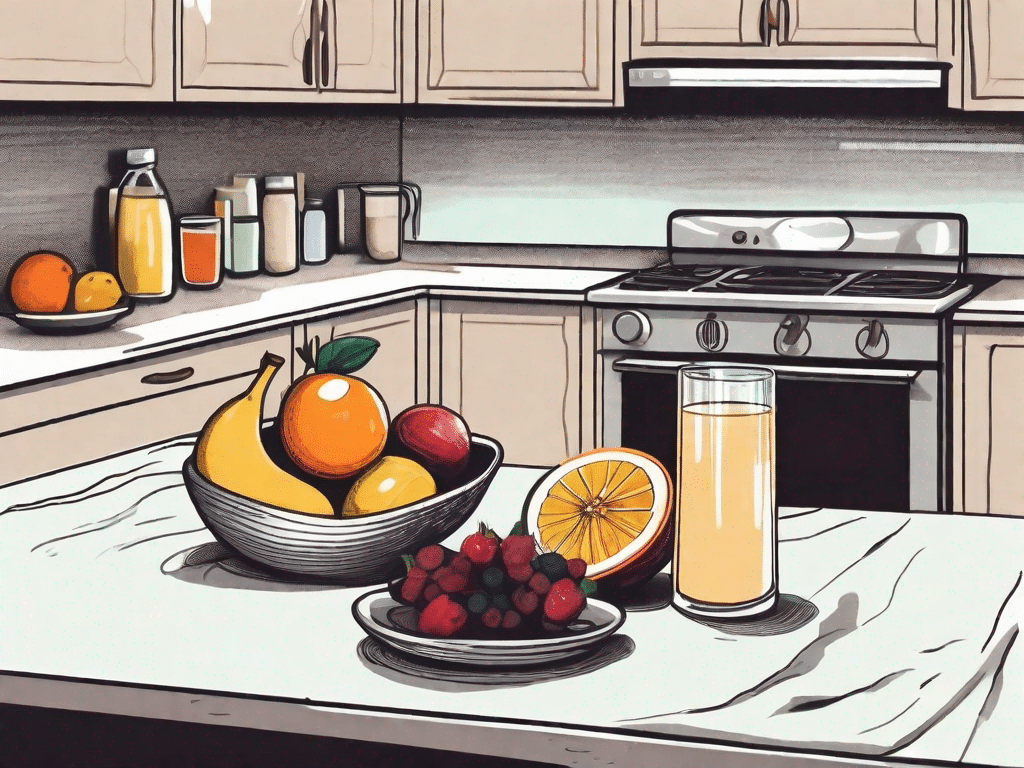 Various fruits and a glass of spilled juice next to a clean cloth and a bottle of homemade stain remover