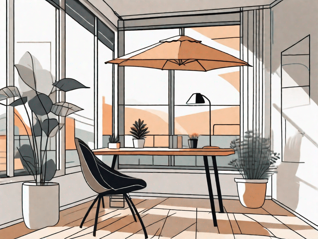A well-shaded home office setup on a sunny balcony
