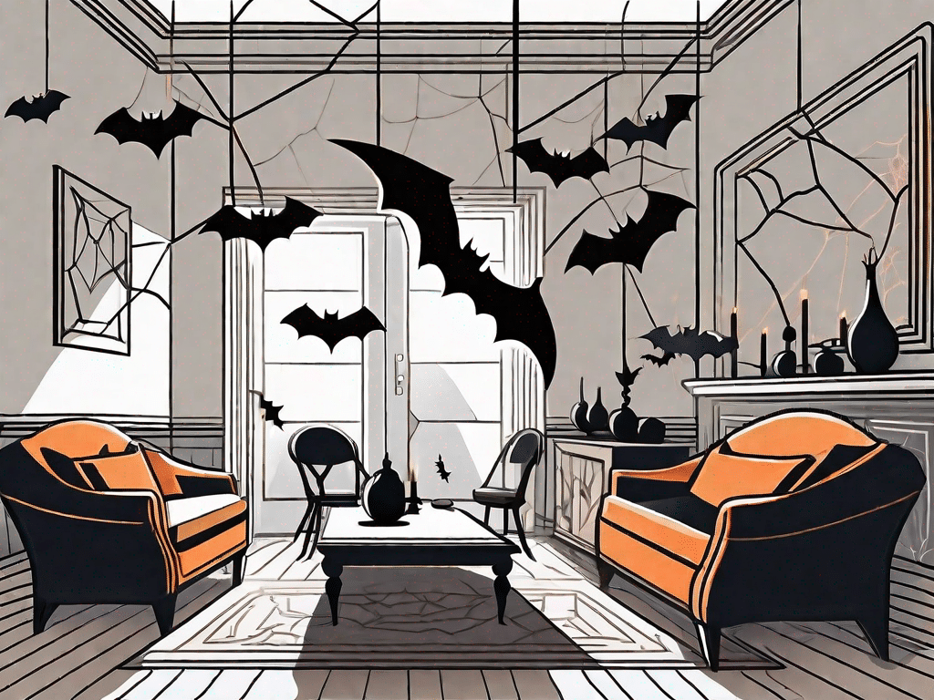 A dimly lit room adorned with 3d bat decorations hanging from the ceiling