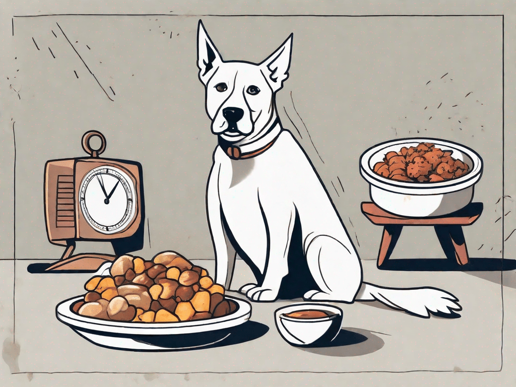 A dog sitting next to a bowl of food with a clock in the background showing the time as after 5 pm