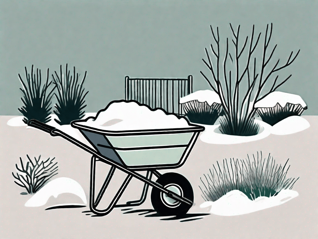 A garden covered in snow with protective covers over the plants and a wheelbarrow full of winter gardening tools nearby