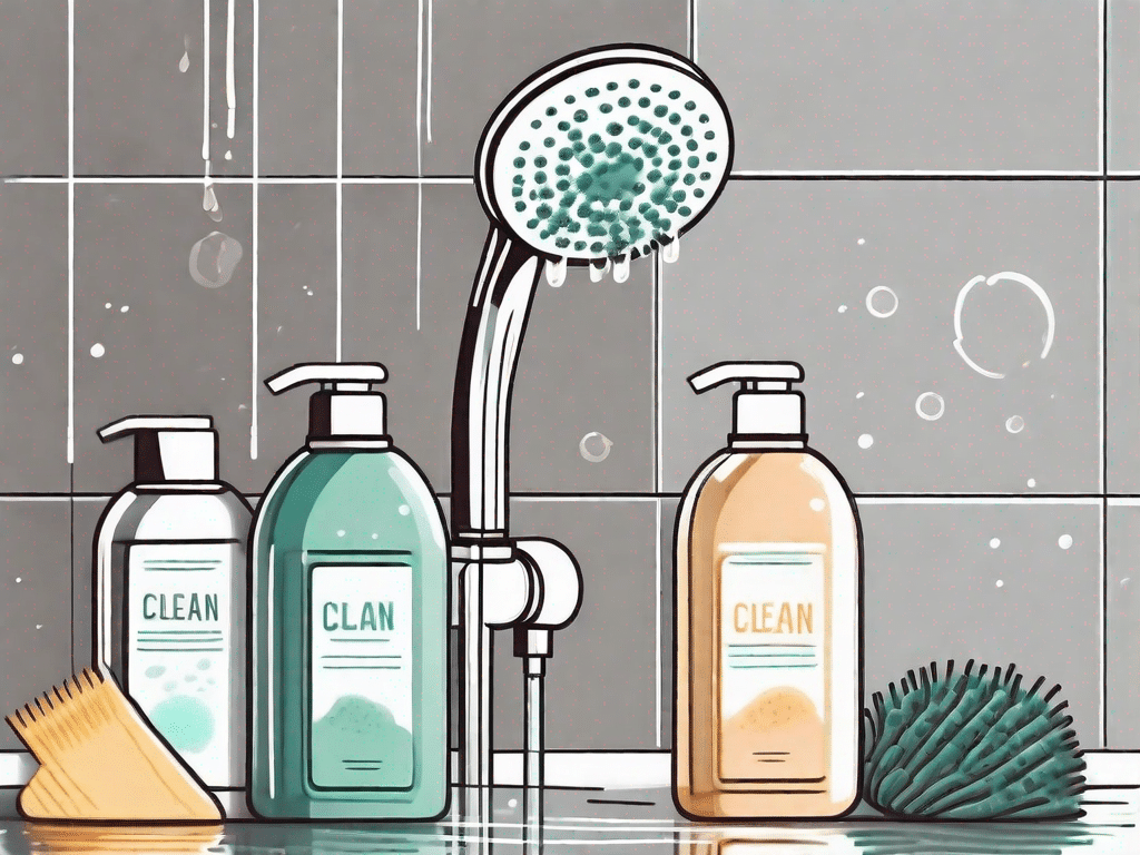 A sparkling clean shower with various cleaning tools and natural cleaning products nearby