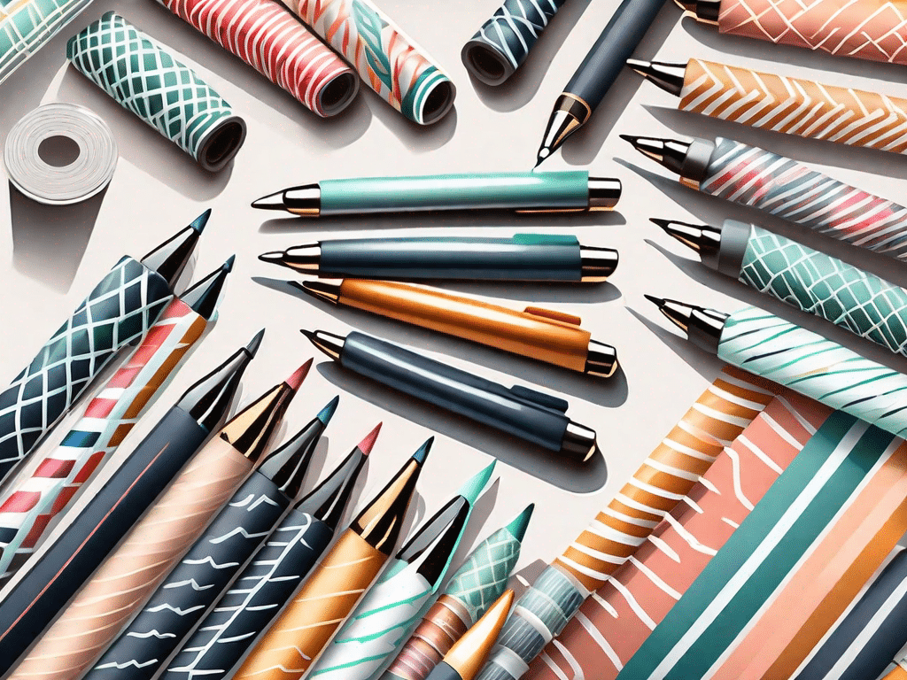 Various pens decorated with different patterns and colors of decorative tape