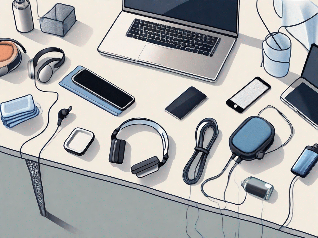 Various tech devices such as a laptop