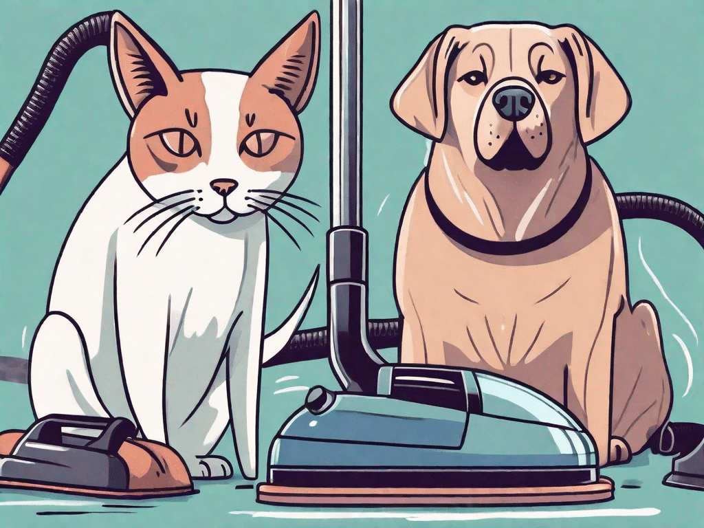 A pet dog and cat actively participating in spring cleaning