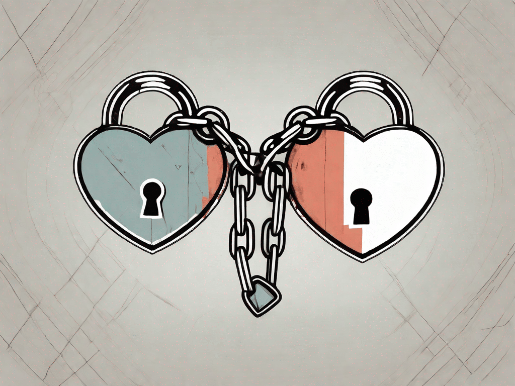 Two intertwined heart-shaped padlocks with broken chains