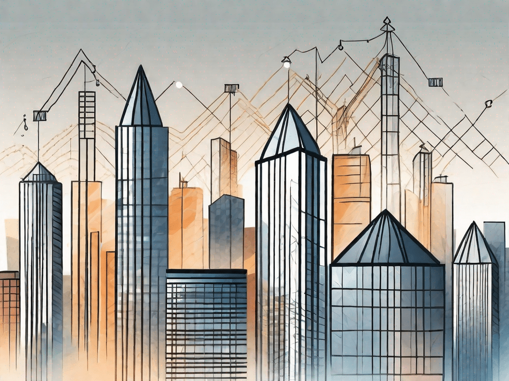 A city skyline with ascending graphs and dollar signs incorporated into the buildings to symbolize the rising real estate prices