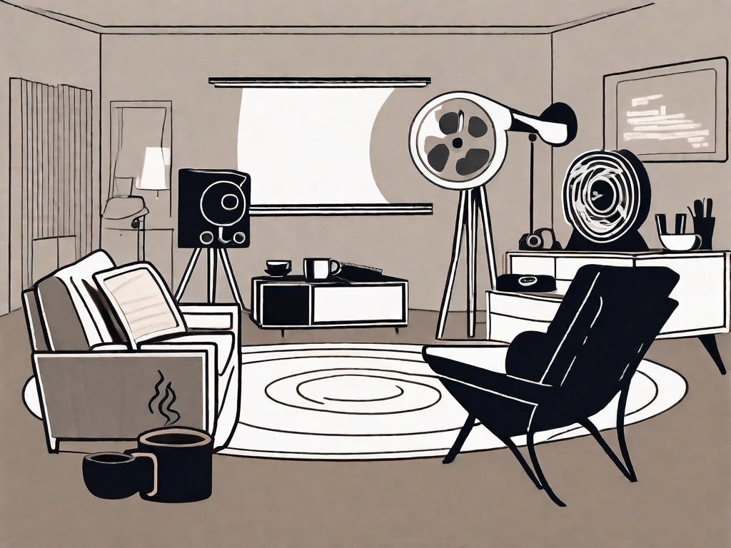 A dimly lit room with a movie projector casting light onto a screen