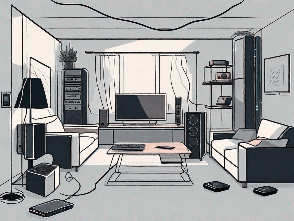 A neatly arranged living room with various electronic devices