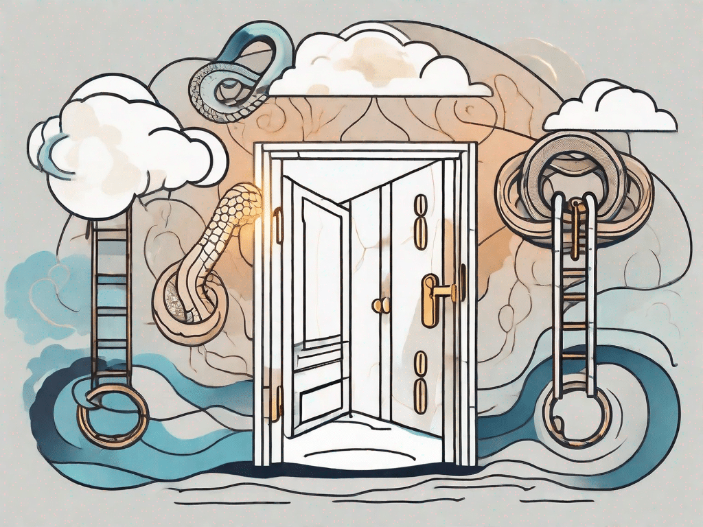 A key unlocking a cloud from which various dream symbols like a ladder