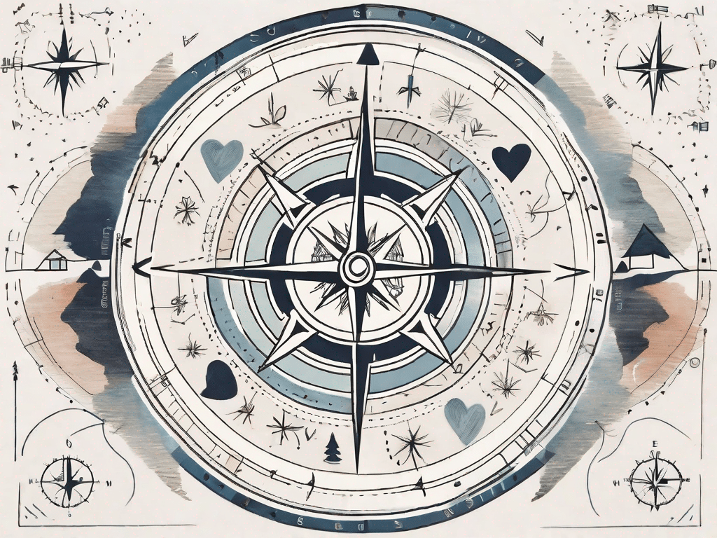 A compass surrounded by symbolic representations of love