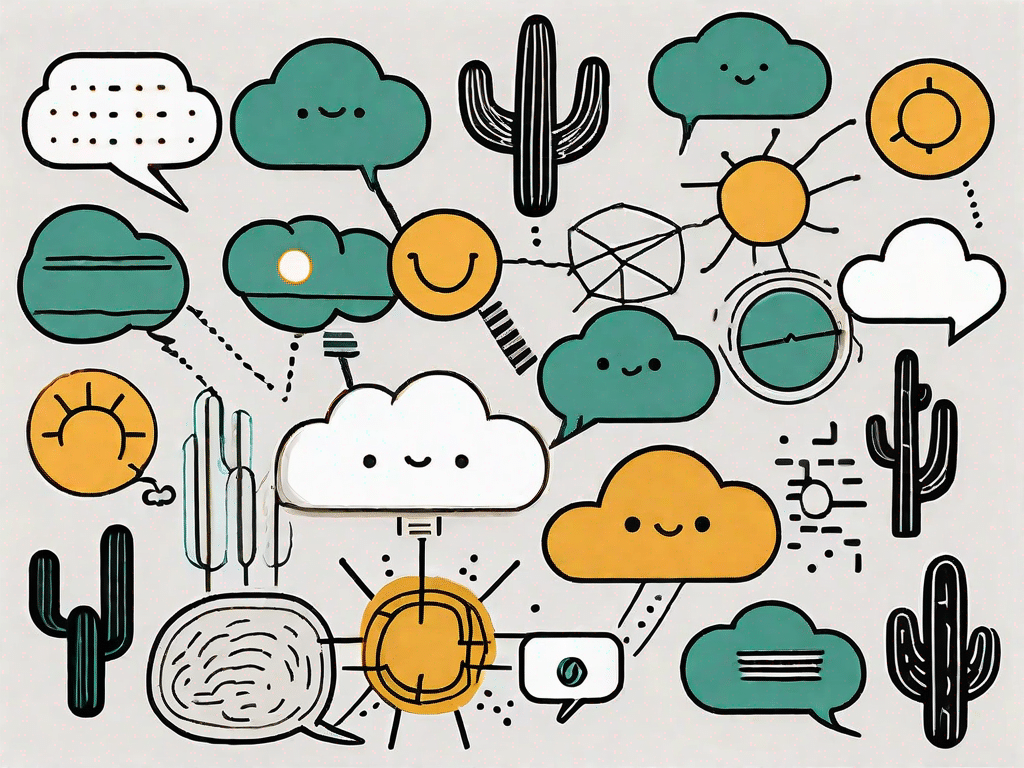 Various speech bubbles filled with different small talk symbols such as a weather icon