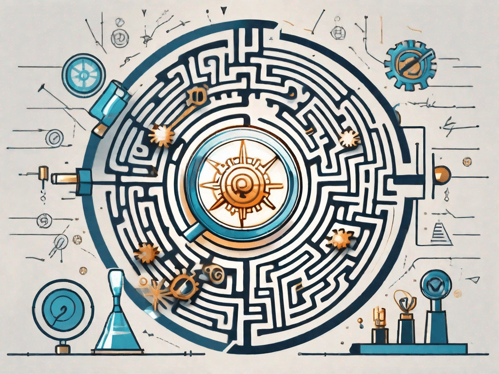 A maze with various symbols representing tools (like a magnifying glass