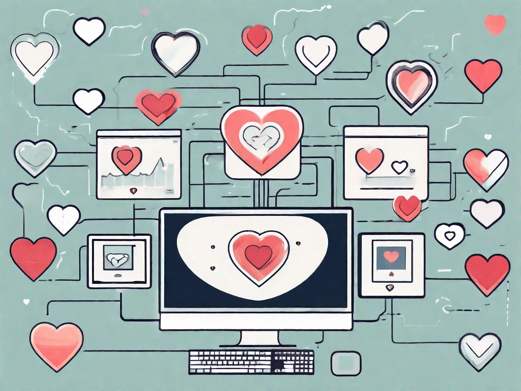 A digital landscape featuring various online dating icons (like hearts