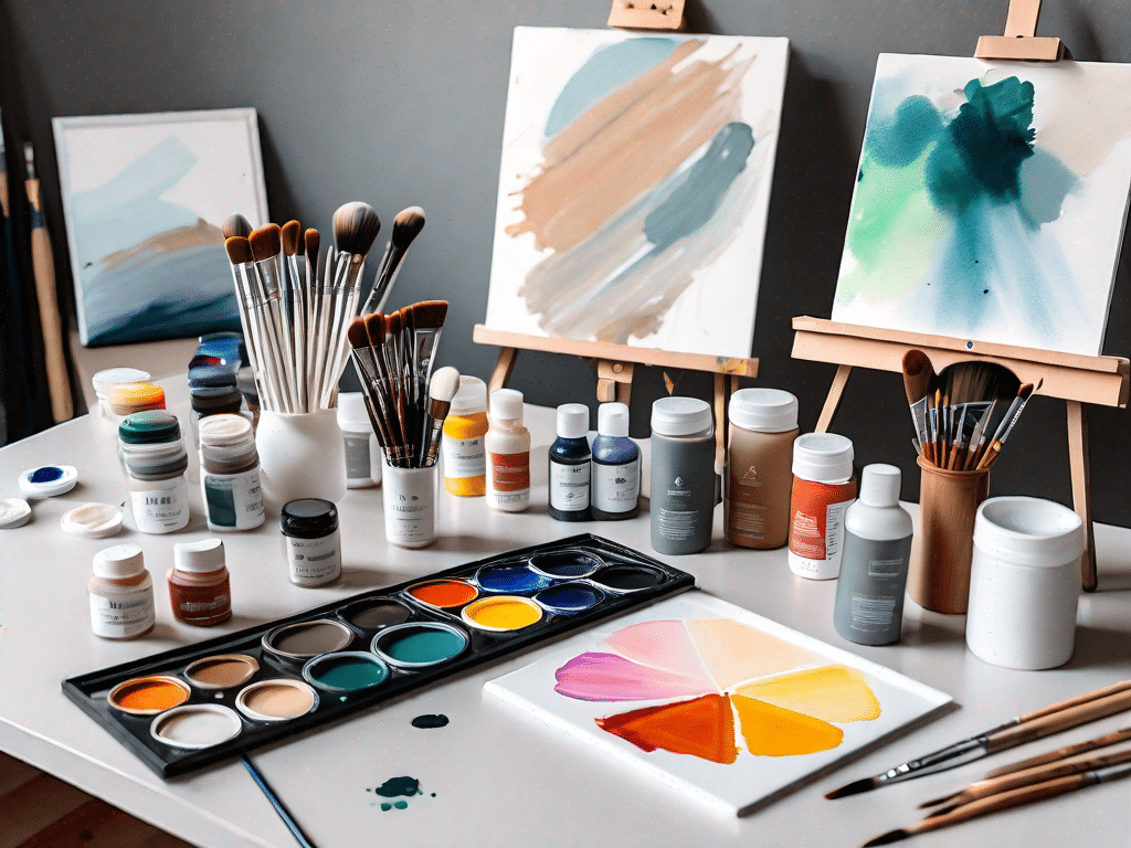 An artist's workspace with essential acrylic painting materials like paint tubes