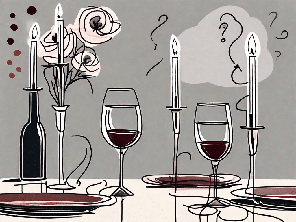 Two wine glasses next to a candlelit dinner setting