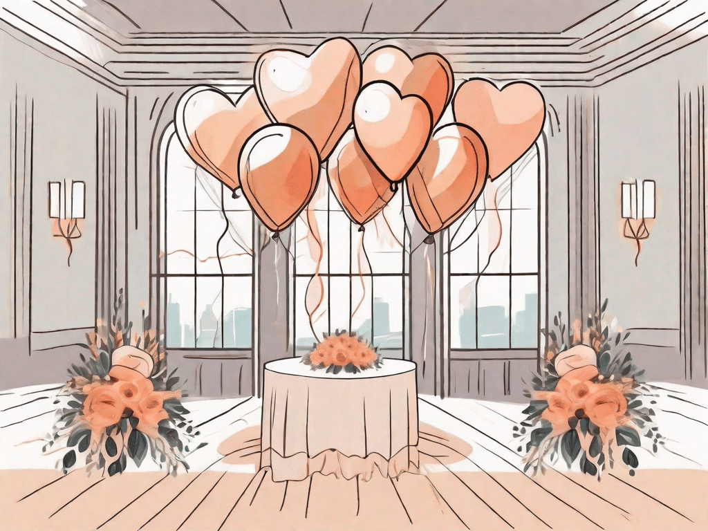 A beautifully decorated wedding venue with heart-shaped balloons and flower arrangements