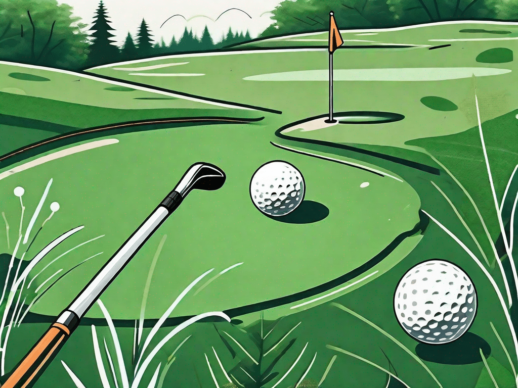 A golf course with a close-up view of a golf ball near the hole