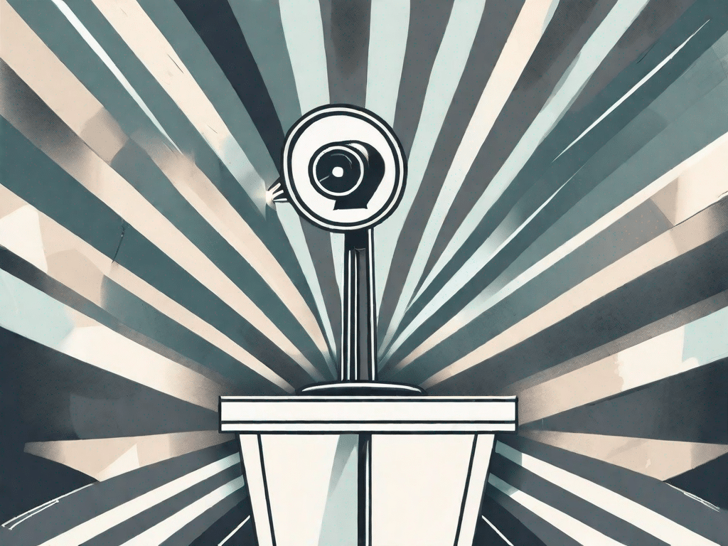 A megaphone on a pedestal surrounded by a spotlight