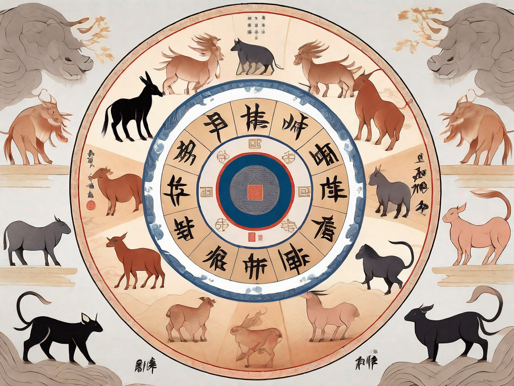 The 13 chinese zodiac animals arranged in a circle around an ancient chinese scroll