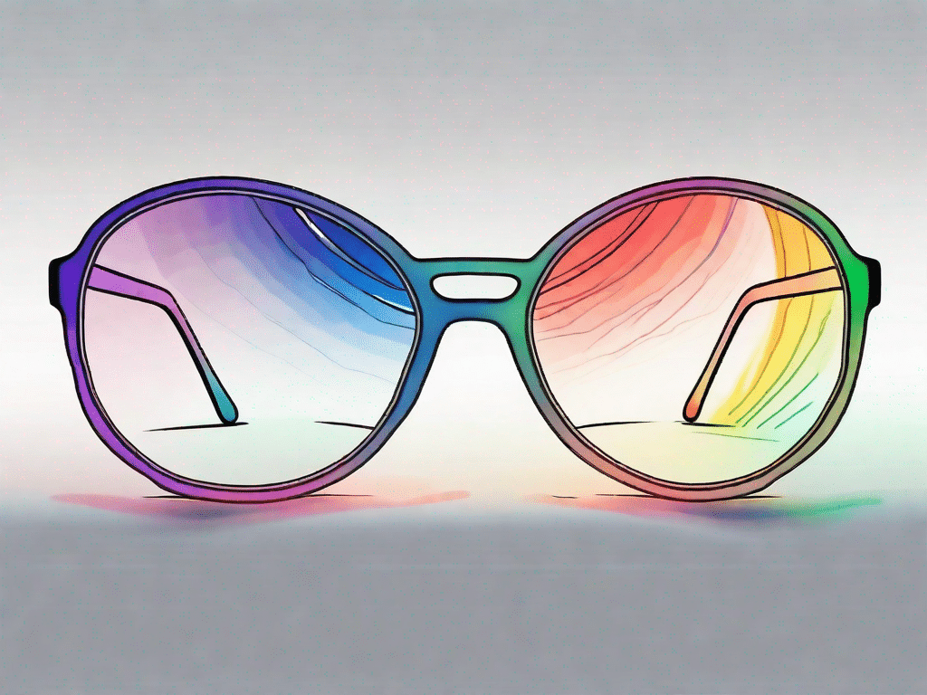 A pair of glasses with a colorful emotional spectrum blurred in the background