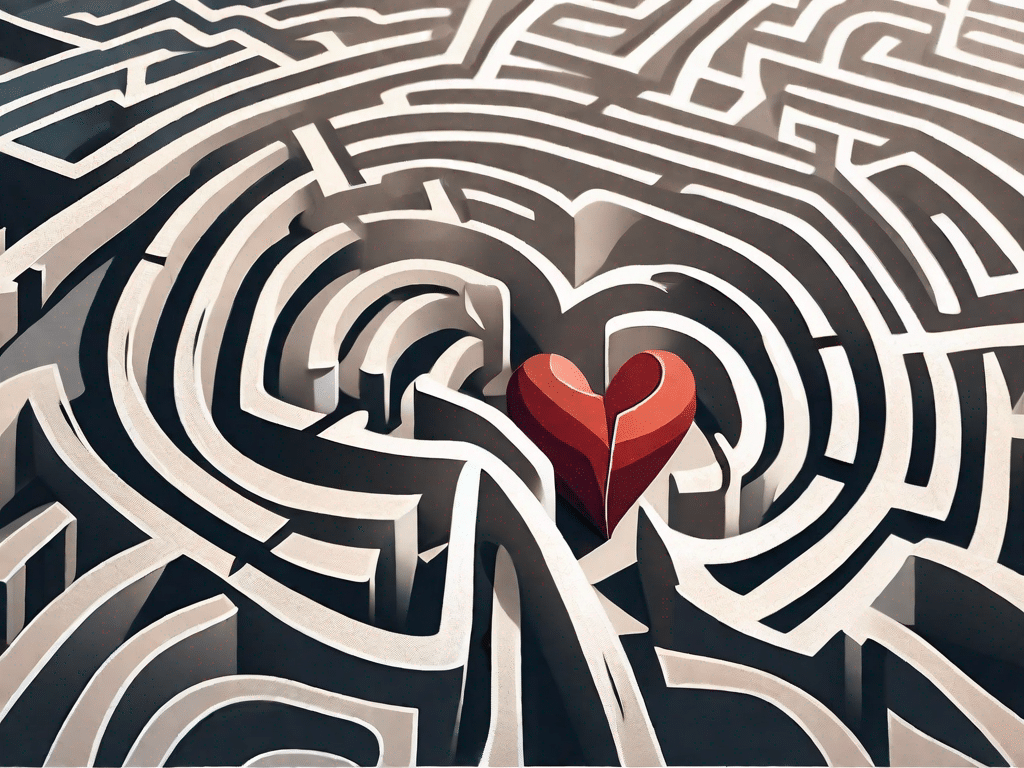 A broken heart symbol entangled in a complex maze