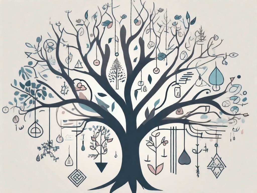 A tree with various types of symbols hanging from its branches
