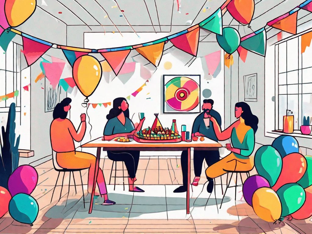 A lively party scene with colorful balloons