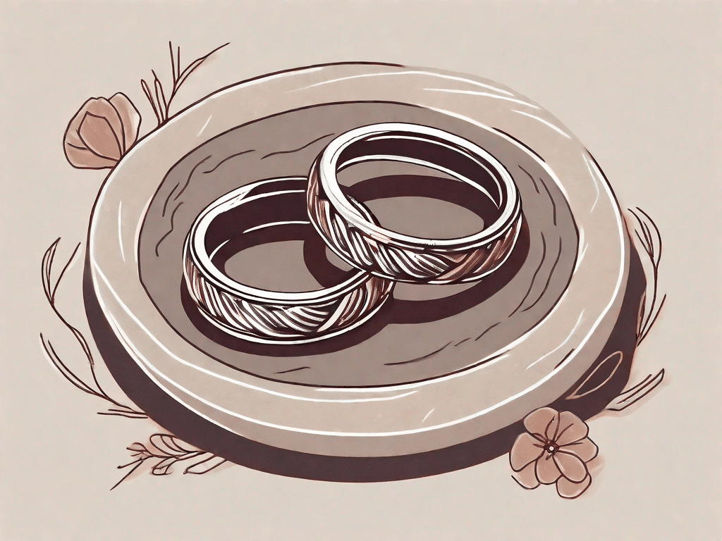 Two intertwined wedding rings resting on a soft velvet cushion