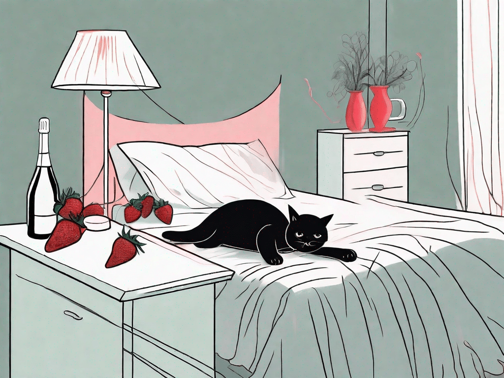 A playful bedroom scene with a mischievous cat knocking over a bottle of champagne and strawberries on a nightstand