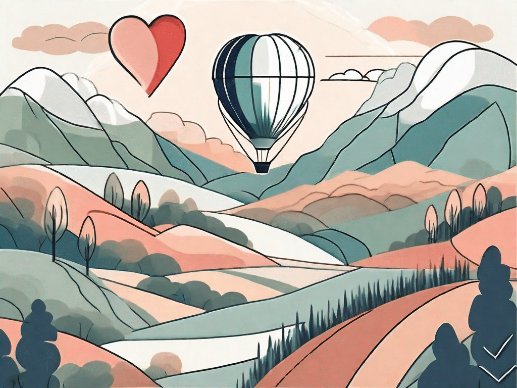 A heart-shaped hot air balloon floating over a picturesque landscape