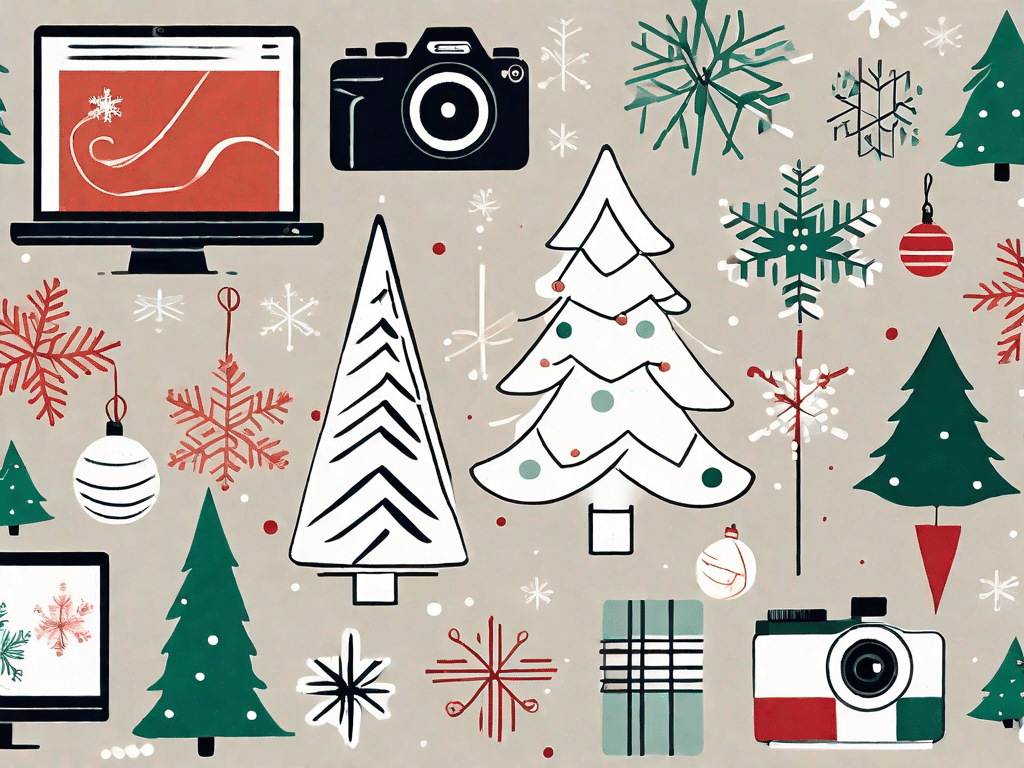 A festive scene featuring a variety of holiday icons such as a christmas tree