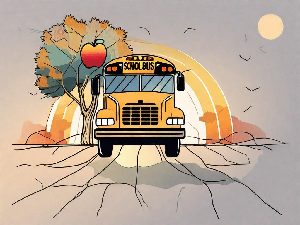 A school bus driving towards a sunrise
