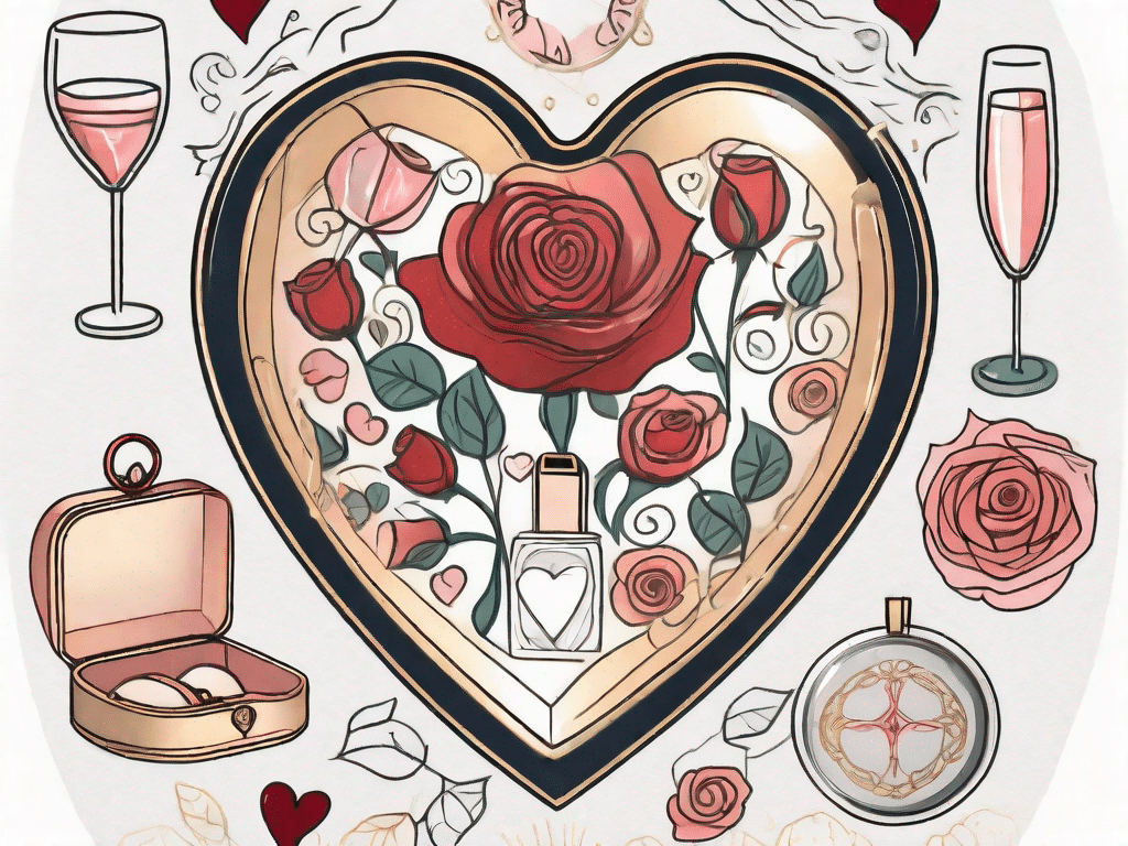 A heart-shaped locket opened to reveal various symbols representing different occasions such as a rose