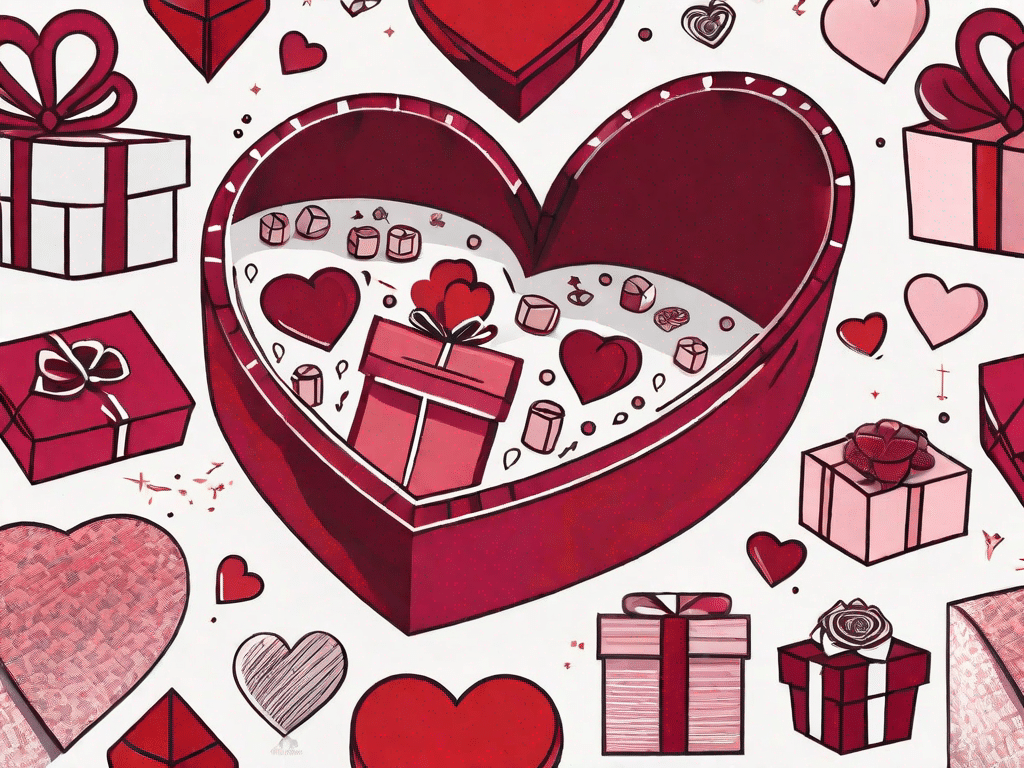 A ruby-colored heart-shaped gift box surrounded by four other distinct anniversary gifts