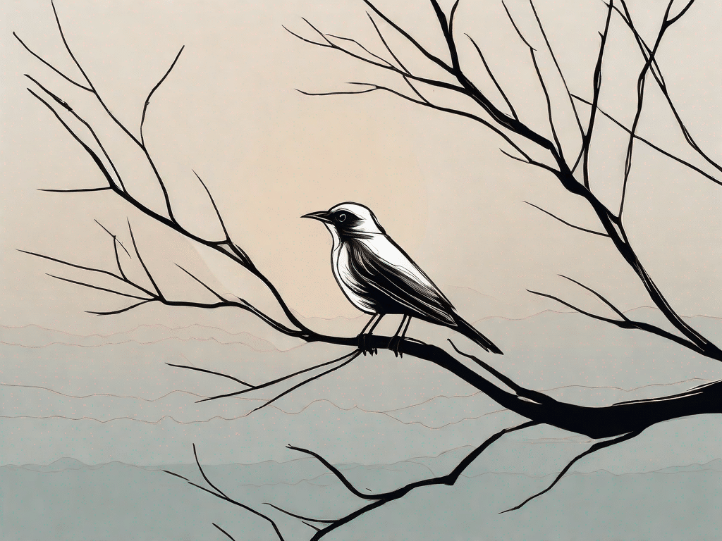 A lone bird perched on a bare tree branch