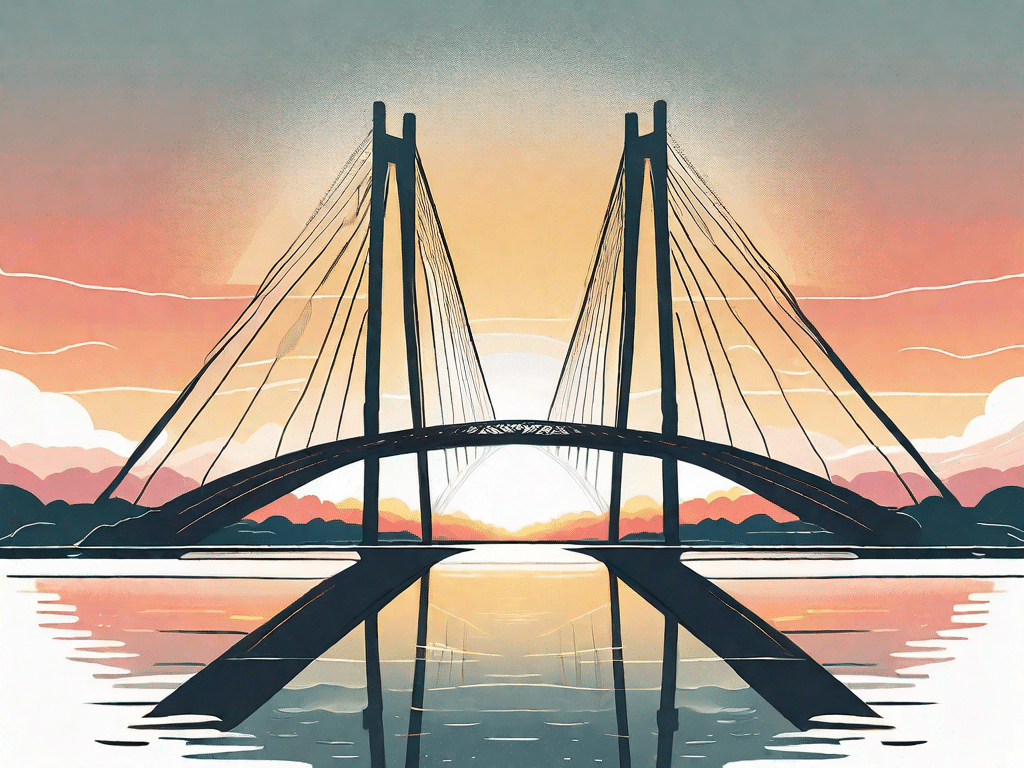 A solid bridge spanning across a wide river under a bright sunrise