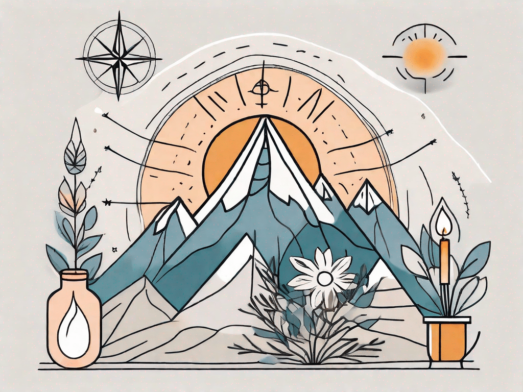 A collection of diverse objects and symbols such as a sunrise