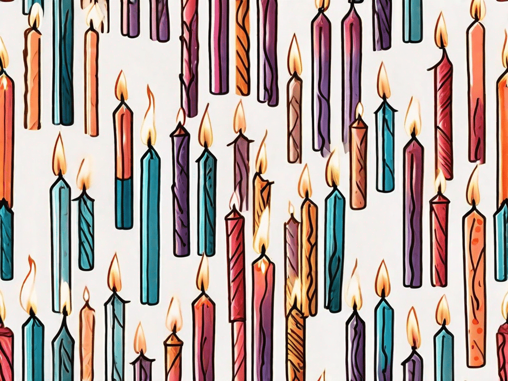 A festive birthday scene with 67 variously decorated birthday candles grouped into different categories