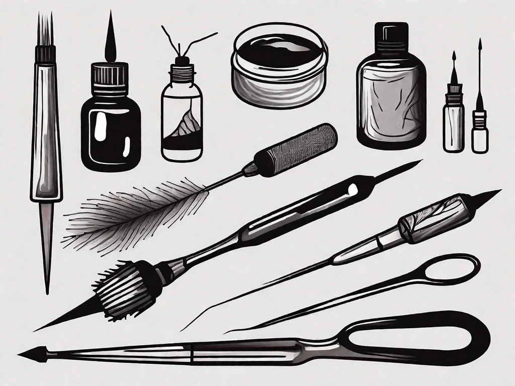 Various tattoo tools such as needles and ink pots