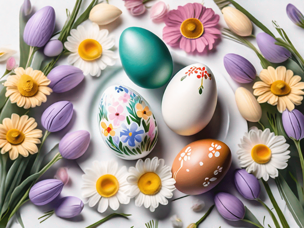 A variety of decorated easter eggs nestled in a bed of spring flowers