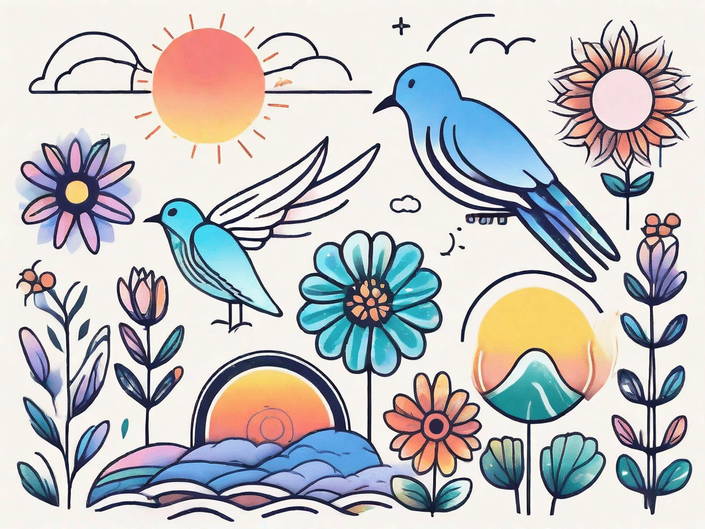 A collection of comforting and uplifting symbols such as a sunrise