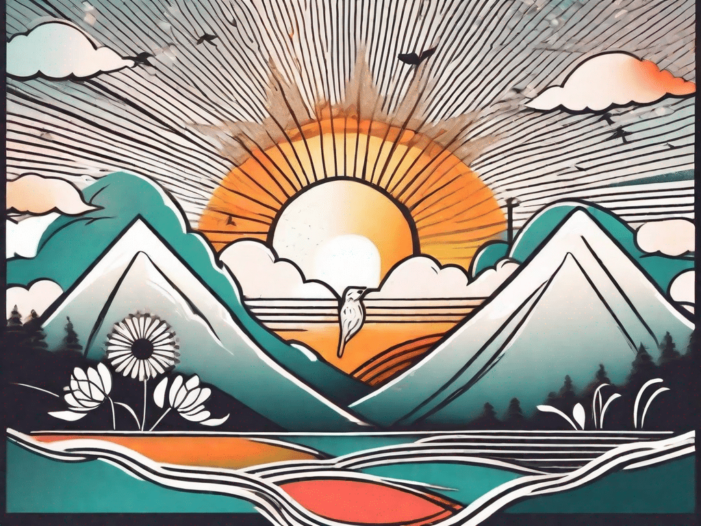 A vibrant sunrise over a scenic landscape with various symbols of motivation and inspiration
