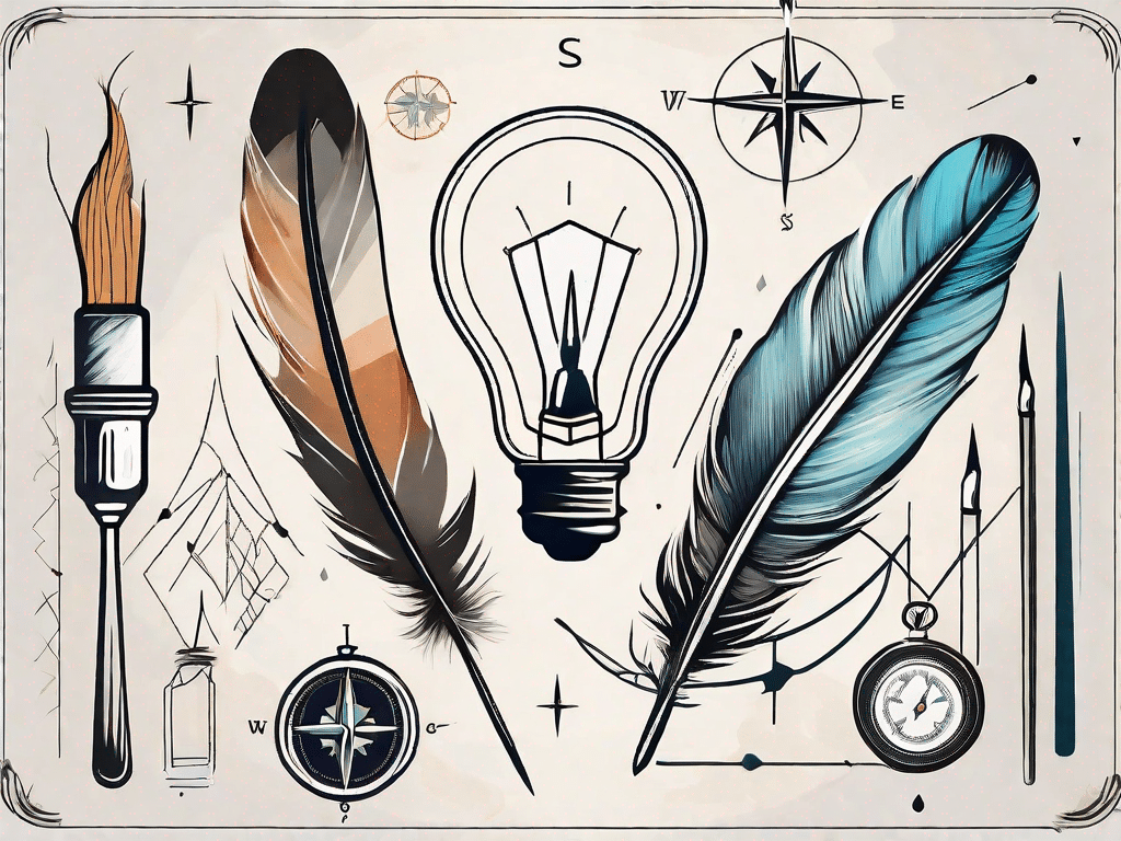 Various symbolic objects like a feather