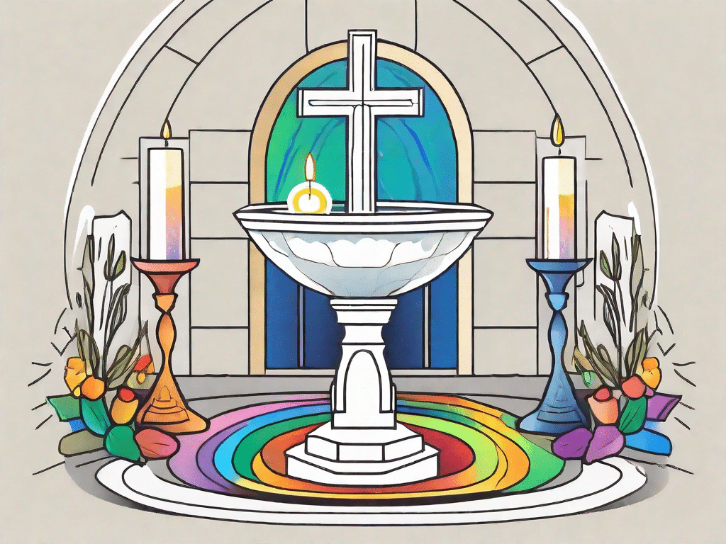 A serene baptismal font surrounded by ten symbolic items like a dove