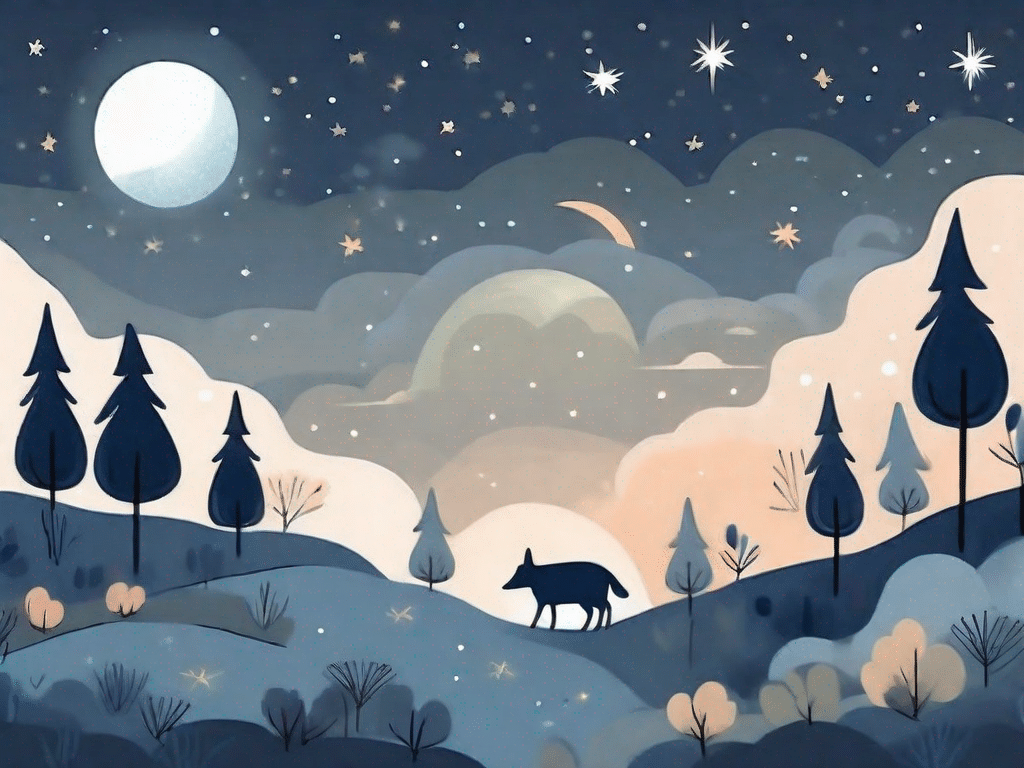 A serene nighttime scene featuring a moonlit sky